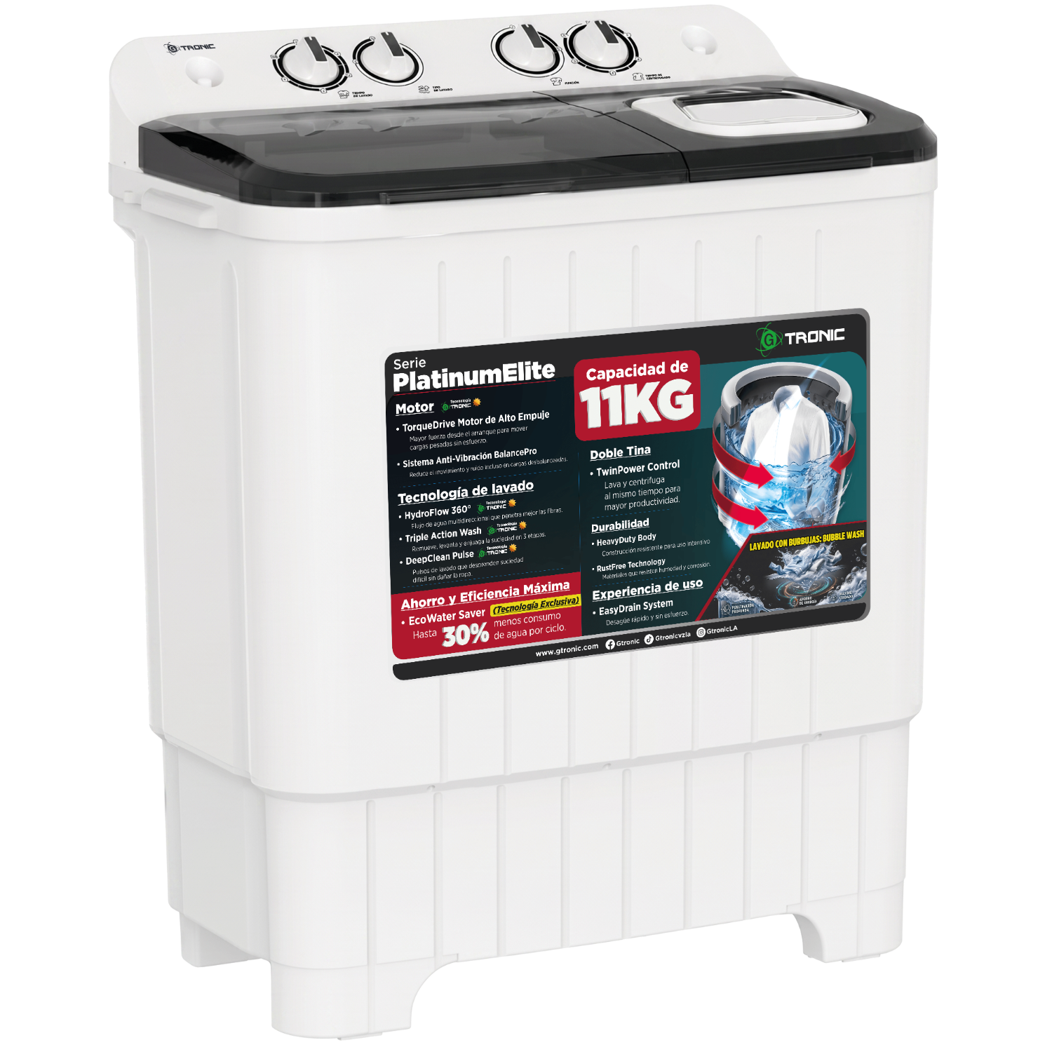 LAVADORA SEMIAUTOMÁTICA GTRONIC PLATINUM ELITE 11KG DOBLE TINA WHITE