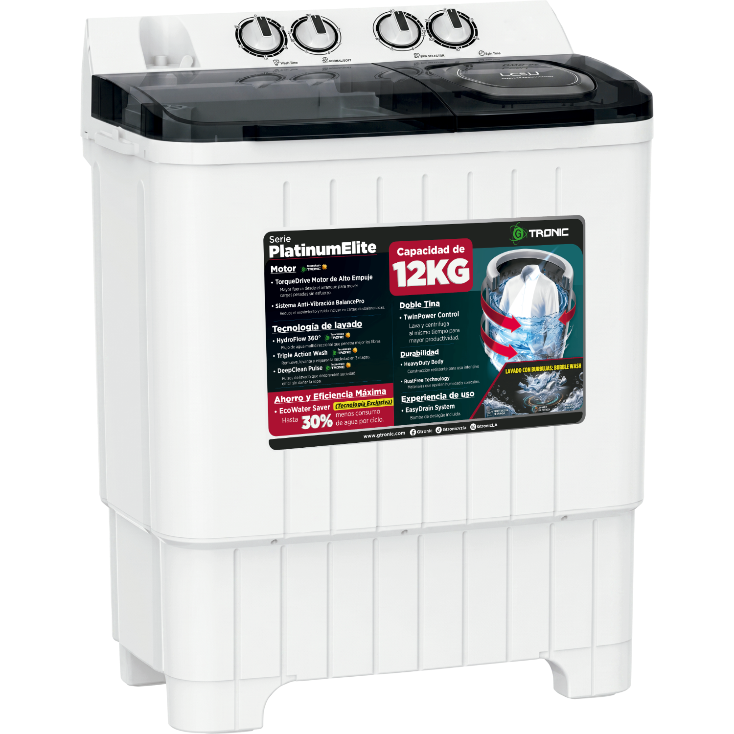 LAVADORA SEMIAUTOMÁTICA GTRONIC PLATINUM ELITE 12KG DOBLE TINA WHITE