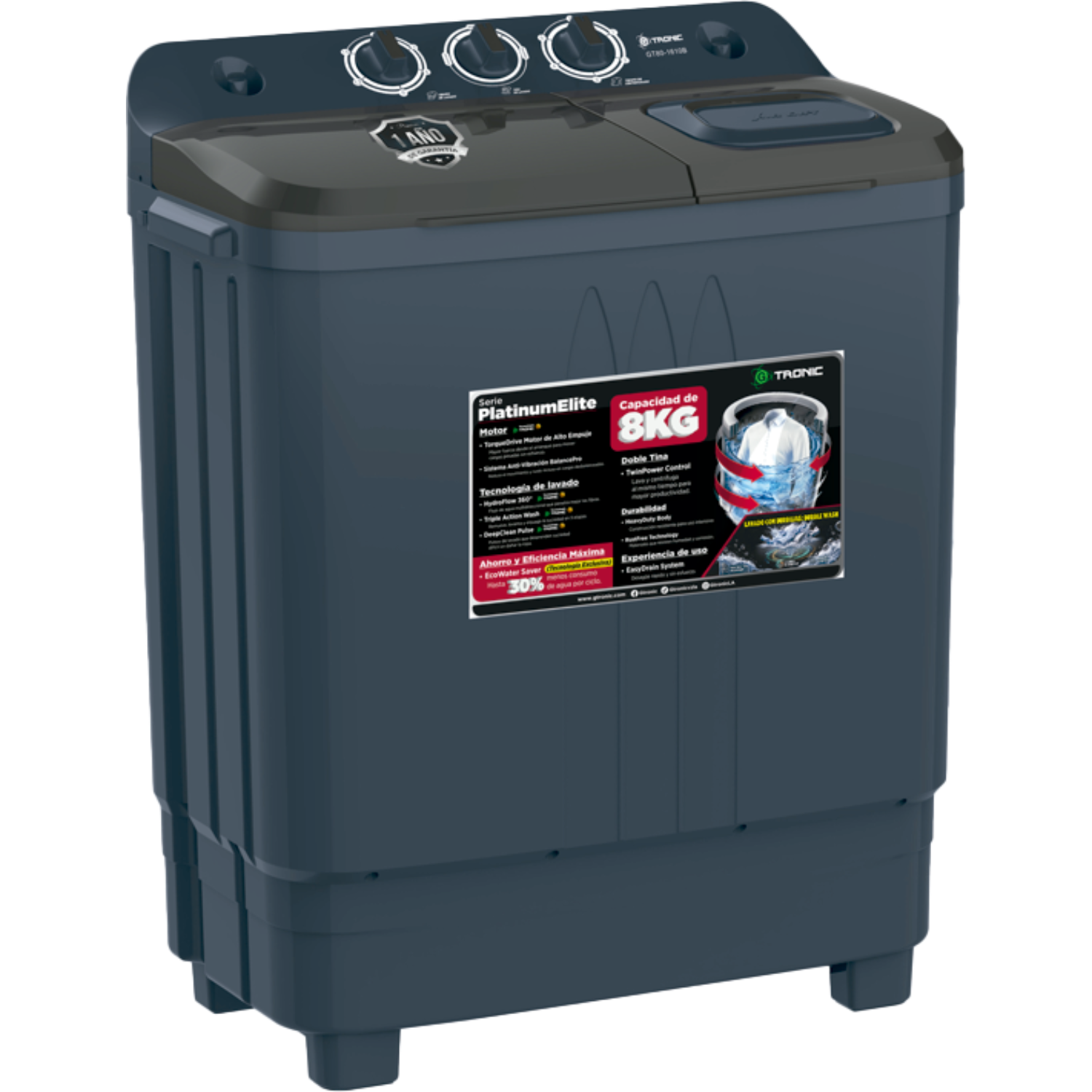 LAVADORA SEMIAUTOMÁTICA GTRONIC PLATINUM ELITE 8KG DOBLE TINA BLACK