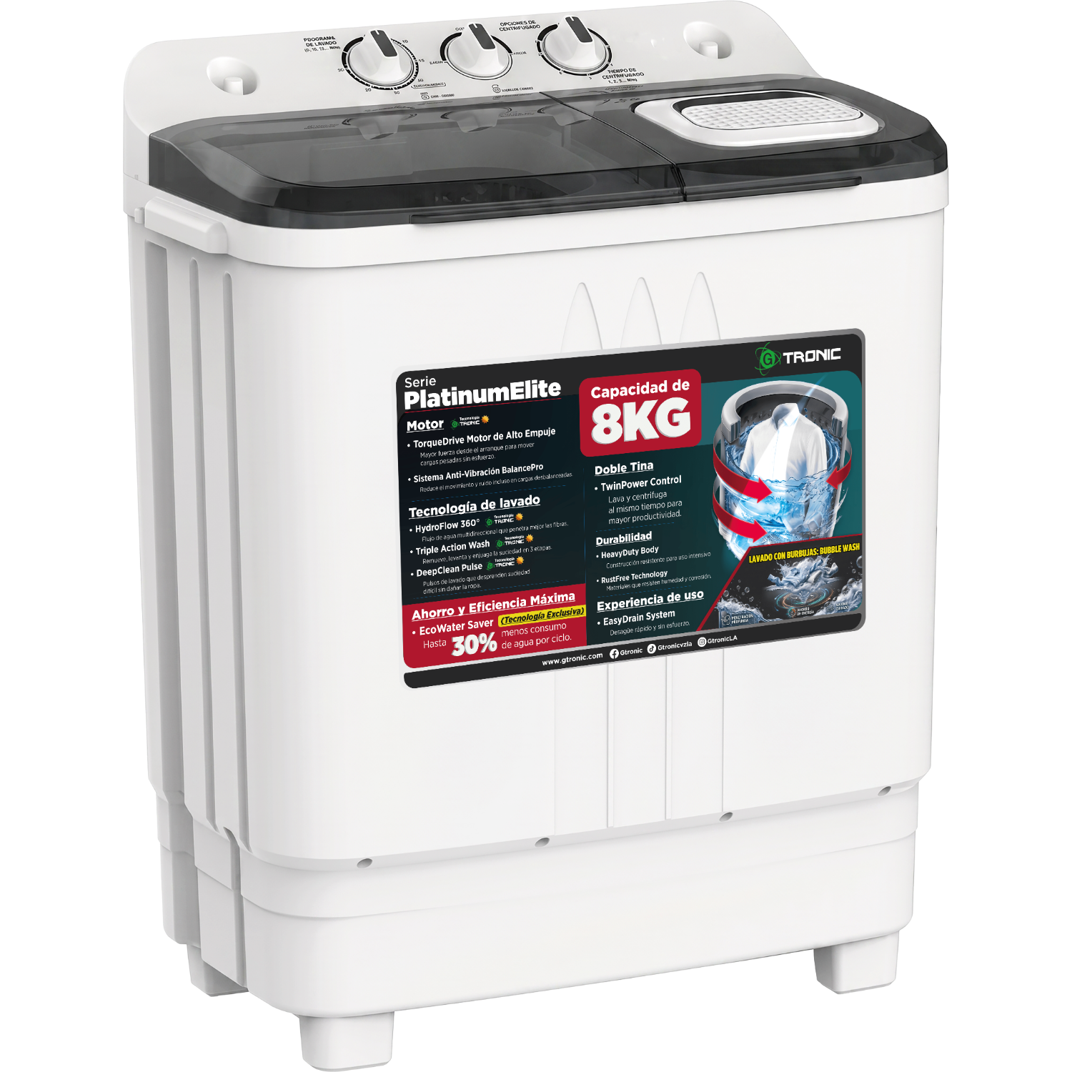 LAVADORA SEMIAUTOMÁTICA GTRONIC PLATINUM ELITE 8KG DOBLE TINA WHITE